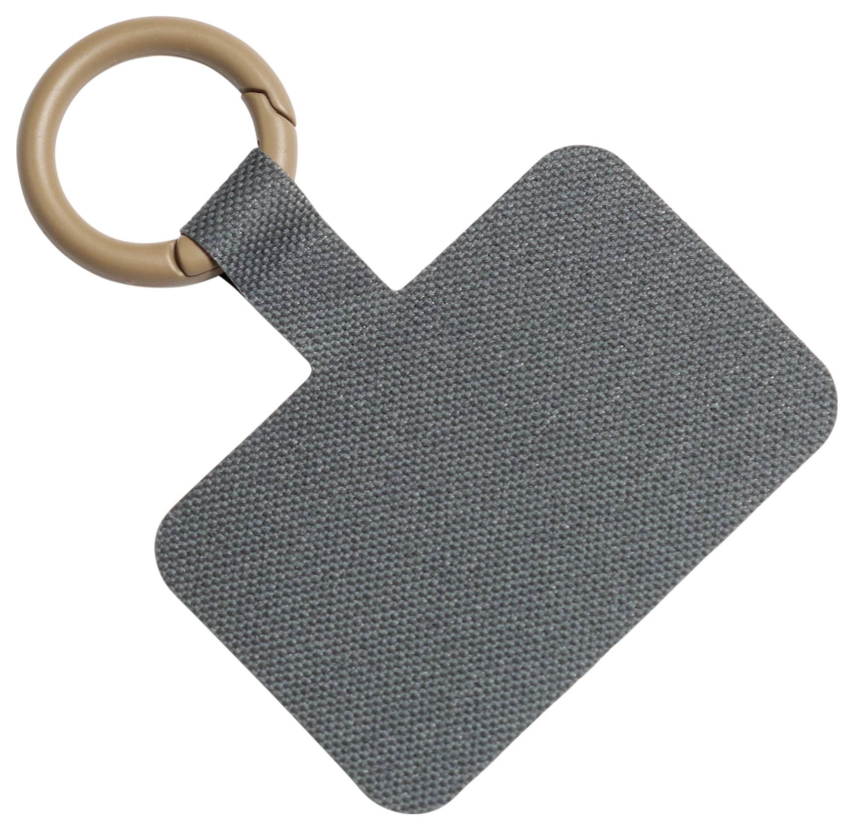 Grijze gestructureerde bagagelabel met een beige ring, weergegeven op een witte achtergrond.
