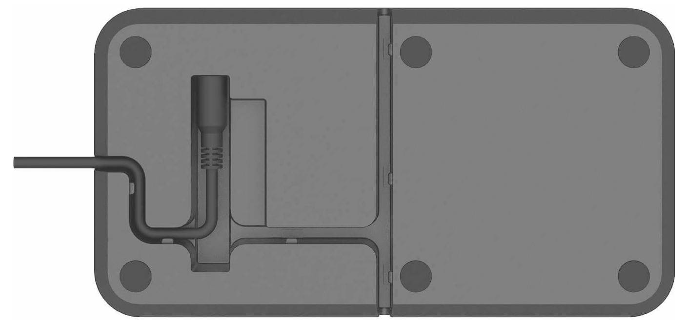 Dwarsdoorsnedetekening van een rechthoekige mechanische behuizing met een links-zijdige L-vormige buis die in een interne verticale kamer voert en een centrale scheidingswand.