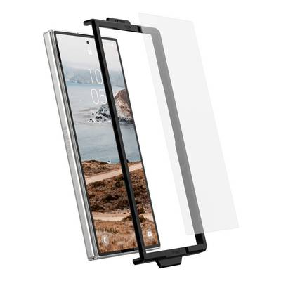 Geëxplodeerde weergave van een smartphoneschermprotector met zwart uitlijningskader en helder beschermingsfilm weergegeven naast de telefoon.