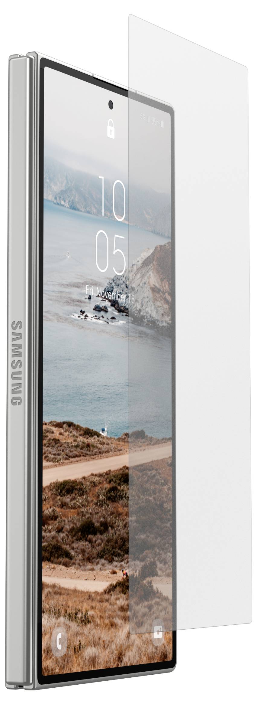 Samsung-smartphone getoond in zijaanzicht met een duidelijke beschermende schermafbeelding, met een kustlandschapbehangafbeelding op het scherm.