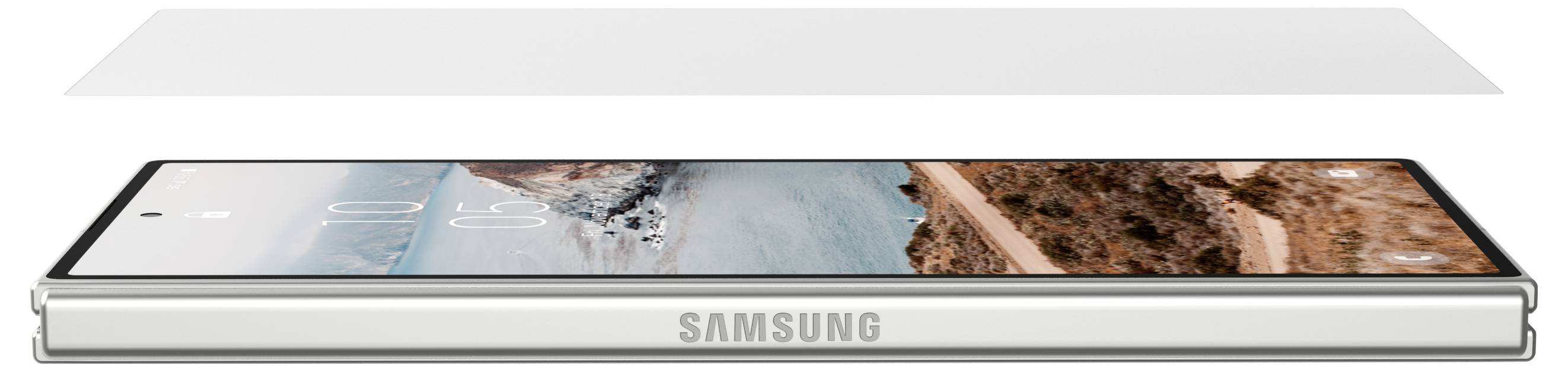 Zijkant van een zilverkleurige Samsung-smartphone die plat ligt, met een strandachtergrond op het scherm.