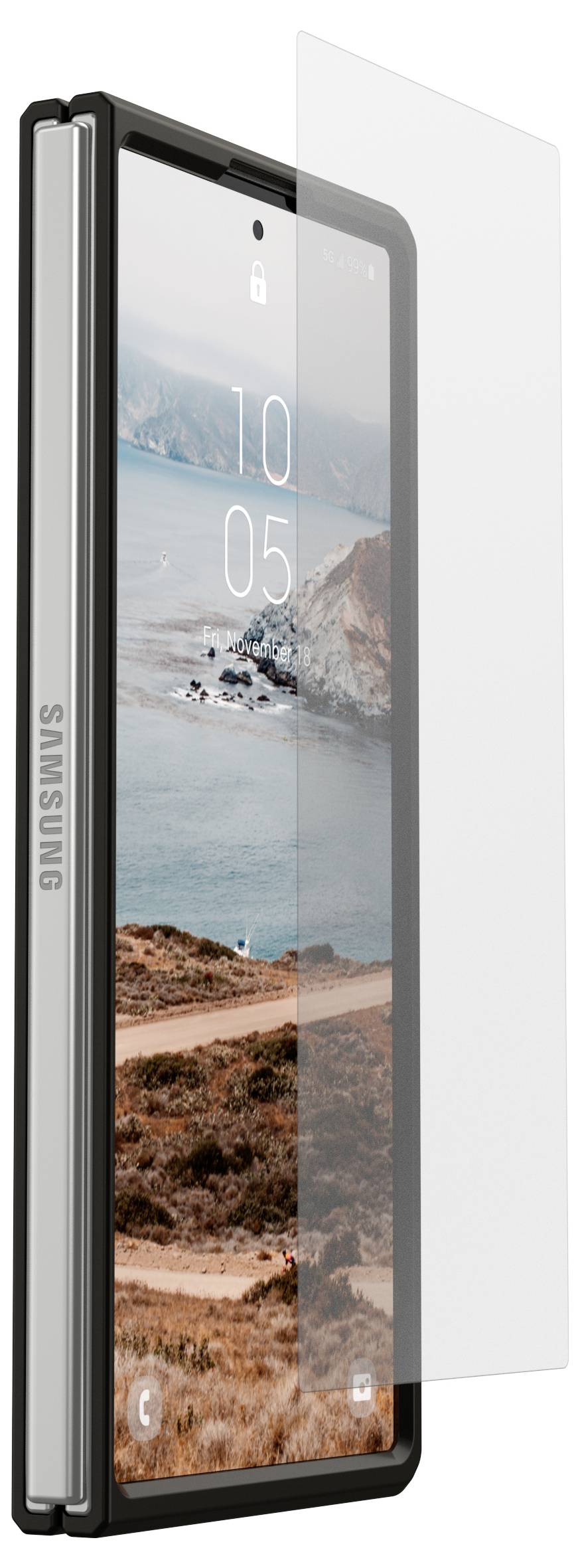Samsung-smartphone weergegeven vanaf de zijkant met een transparante beschermhoes en scherm, waarop een kustlandschapachtergrond en het tijdstip 10:05 worden weergegeven.