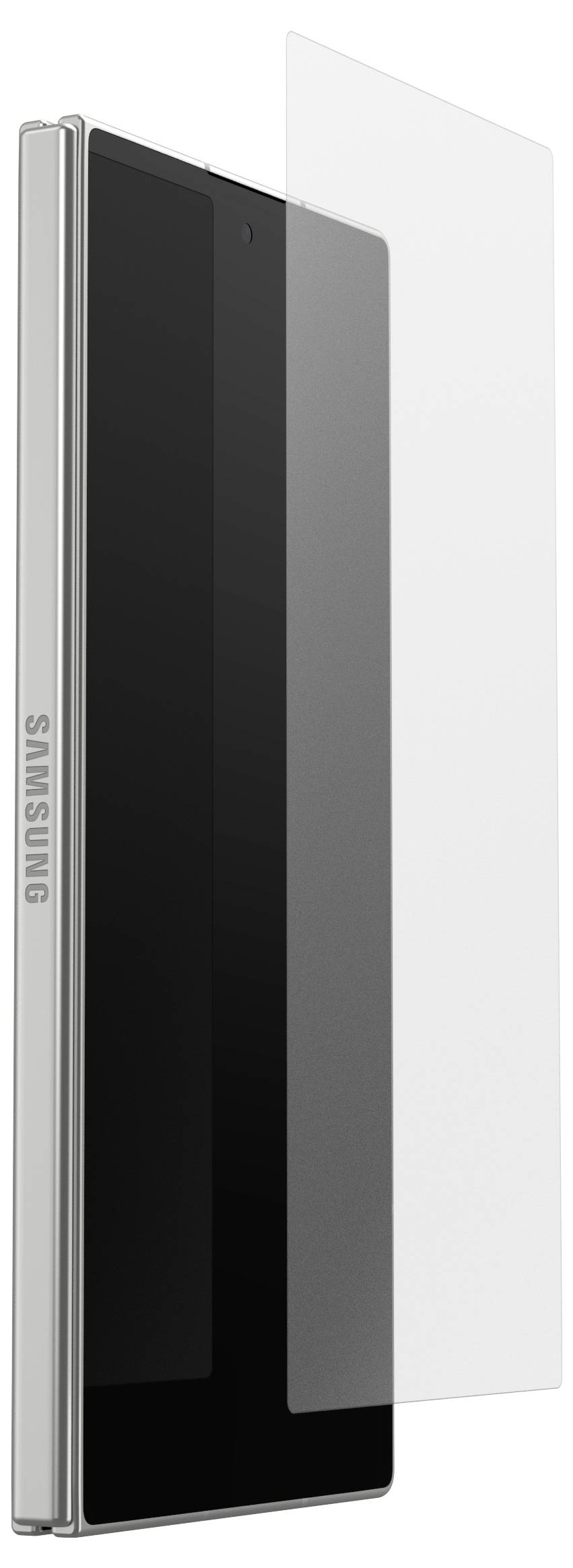 Zijkant van een Samsung-smartphone met een slanke metalen frame en reflecterend zwart scherm, met een doorzichtige beschermhoes die zich verder uitstrekt dan het scherm.