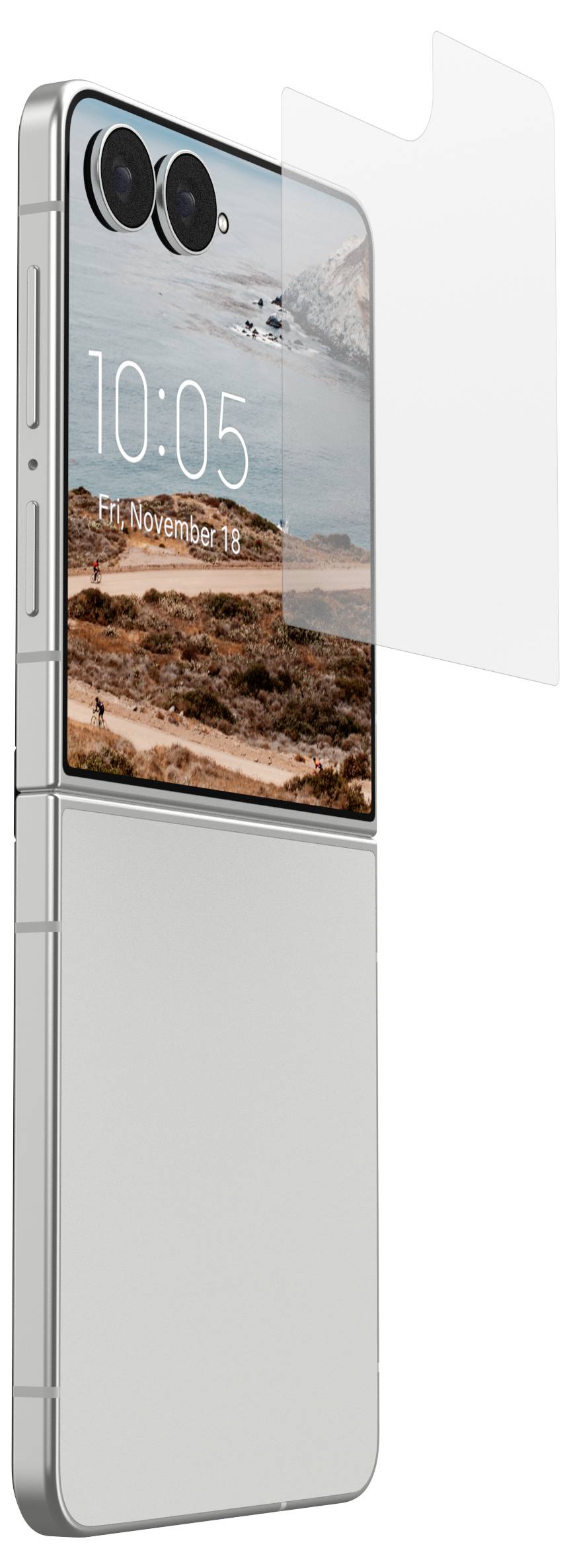 Opvouwbare smartphone weergegeven half geopend met groot binnenscherm en een doorzichtige beschermhoes of case die zich over het display uitstrekt.