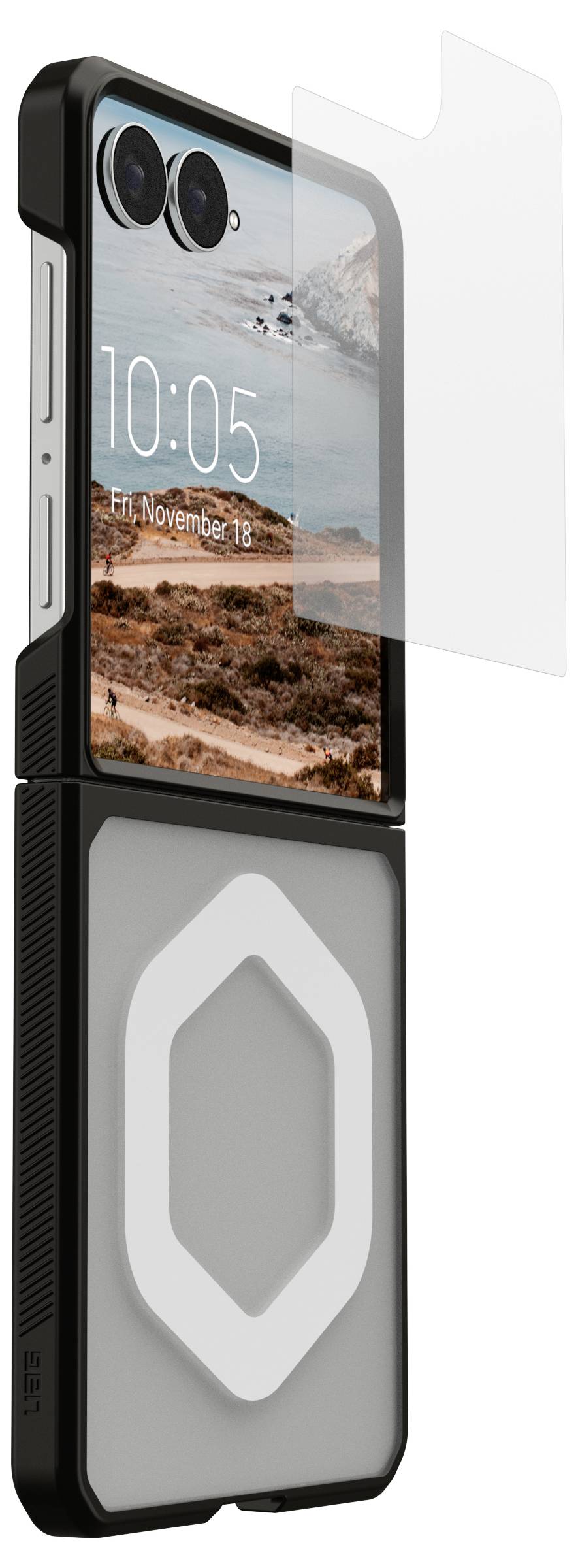 Zwart ruw smartphonehoesje met een transparante voorkant en een groot grijs-wit MagSafe-achtig ringetje op de achterkant.