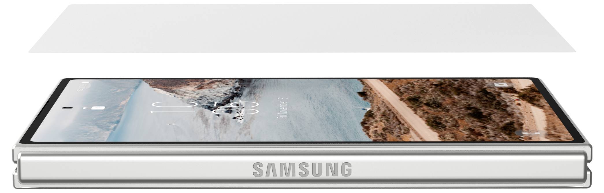 Opvouwbare Samsung-telefoon die gedeeltelijk geopend wordt getoond, met een strandachtergrond op het scherm en het Samsung-logo op de scharnier.