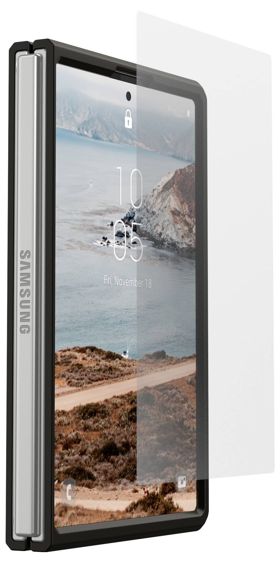 Samsung vouwbare smartphone gedeeltelijk open met een vergrendelingsscherm met 10:35 en vrij, 15 november op een behangafbeelding van een kustlandschap.