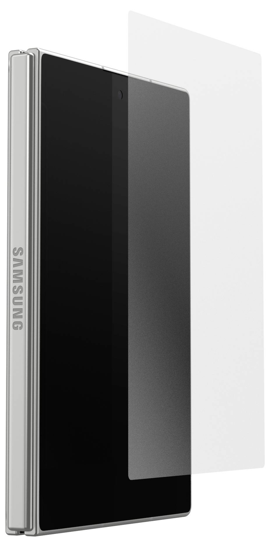 Zijaanzicht van een slanke Samsung-smartphone met vouwscherm, gedeeltelijk geopend met een zwart scherm en reflecterend buitenpaneel.