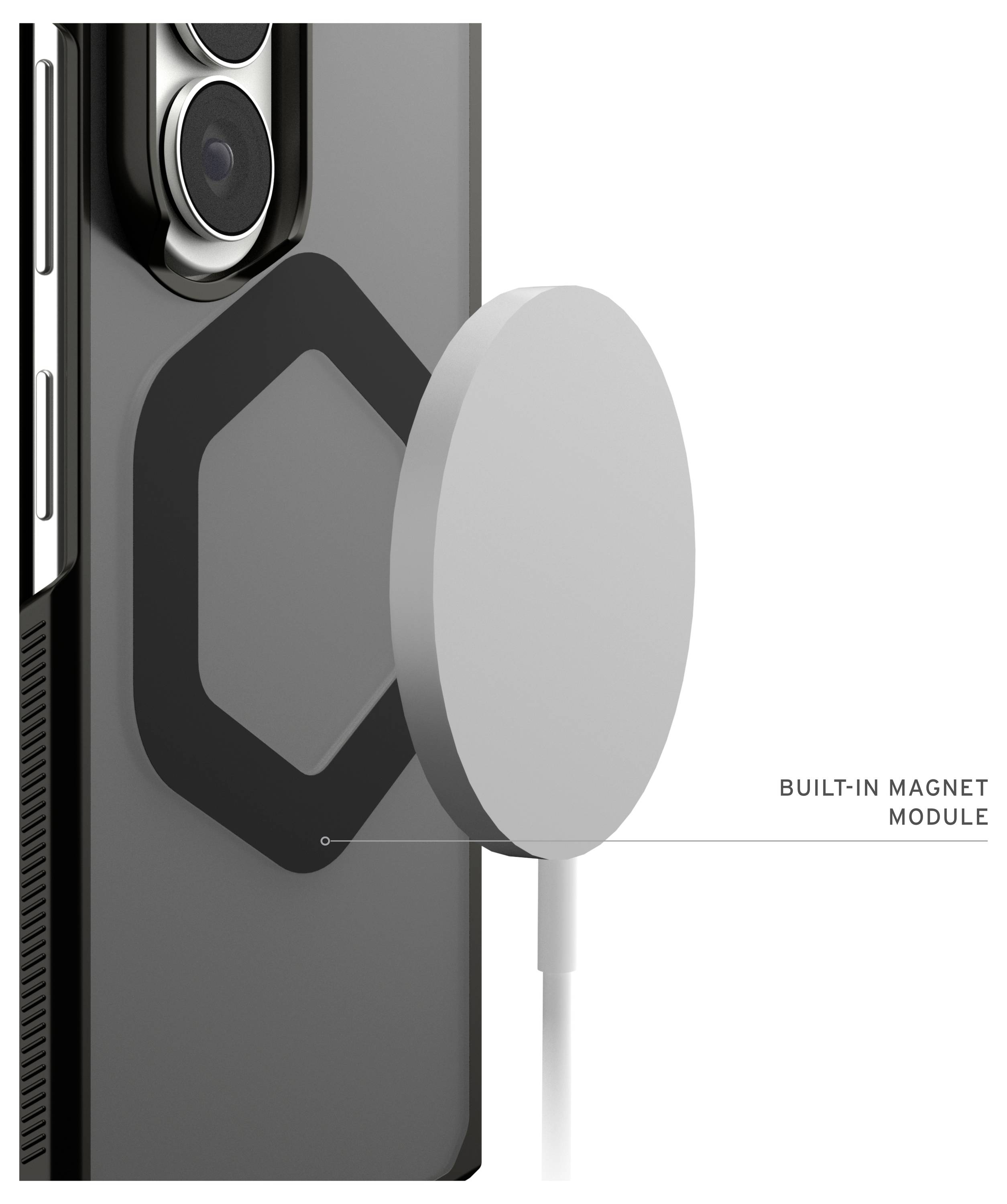 Smartphone achterkant met een magnetische oplaadpuck eraan bevestigd, gelabeld 'INGEBOUWDE MAGNETMODULE'.