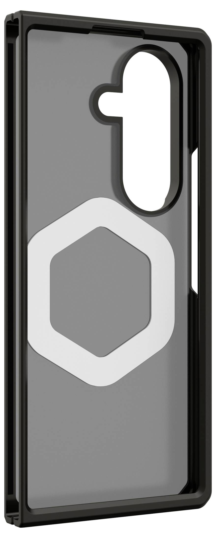 Beschermende grijze telefoonhoesje met een zeshoekige MagSafe-achtige ringuitsnijding en verhoogde cameropening, weergegeven vanaf de achterkant/zijkant.
