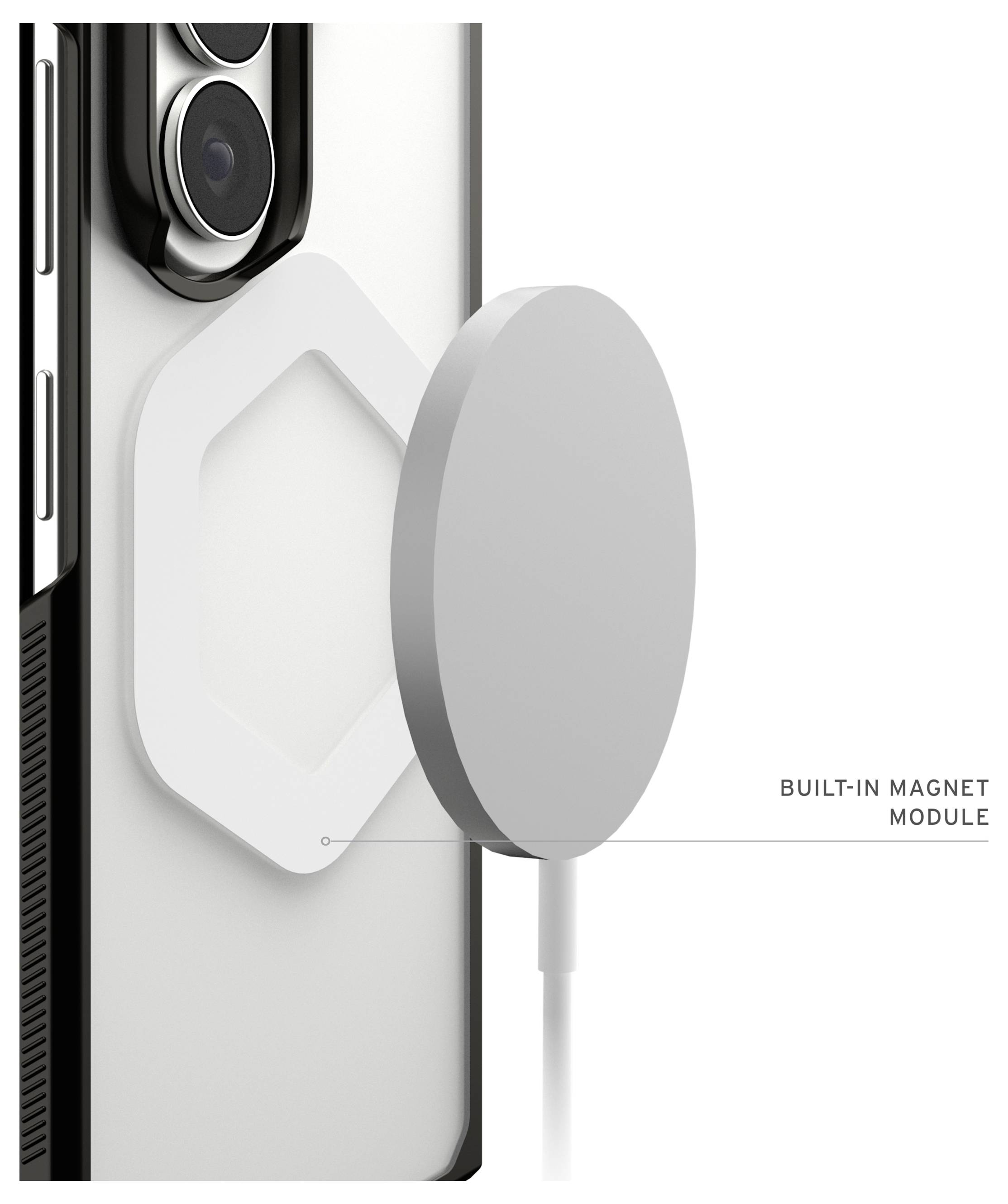 Close-up van een telefoon met een magnetisch oplaadkussen eraan bevestigd; tekstlabel met de naam 'INGEBOUWDE MAGNETISCHE MODULE'.