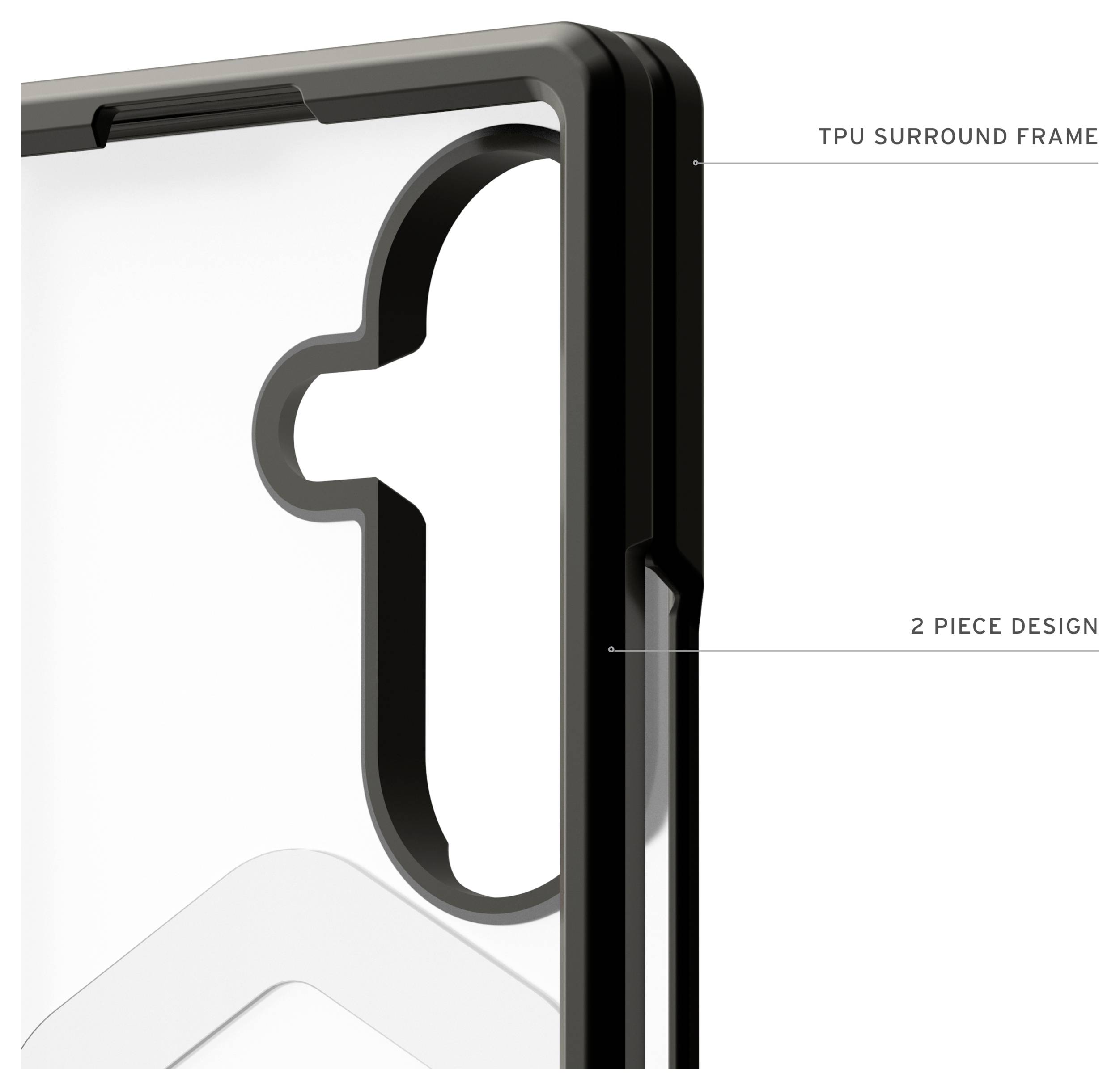 Close-up van een telefoonhoesrand met een TPU-omringende frame en 2-delige ontwerp, met aanwijzingen die naar de structuur wijzen.