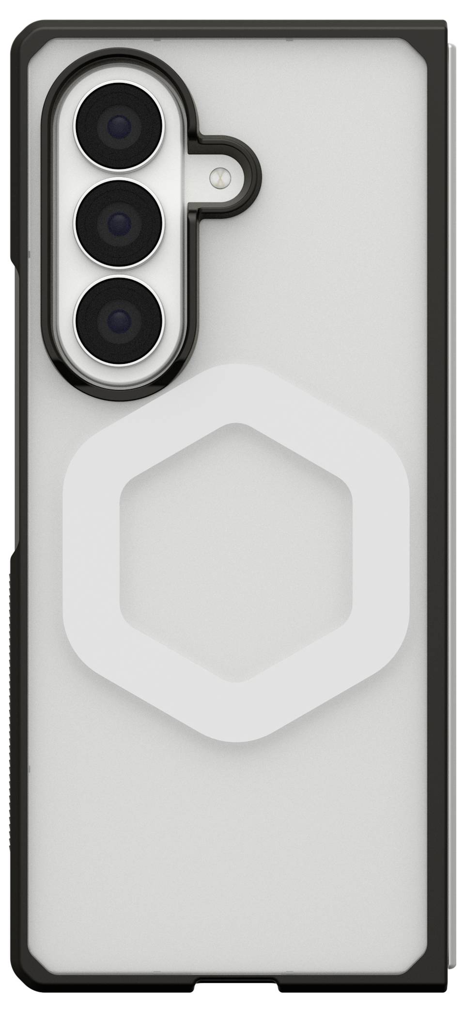 Wit smartphonehoesje met zwarte camerauitsnede voor een iPhone met driedubbele lens en een verheven zeshoekig accent in het midden.