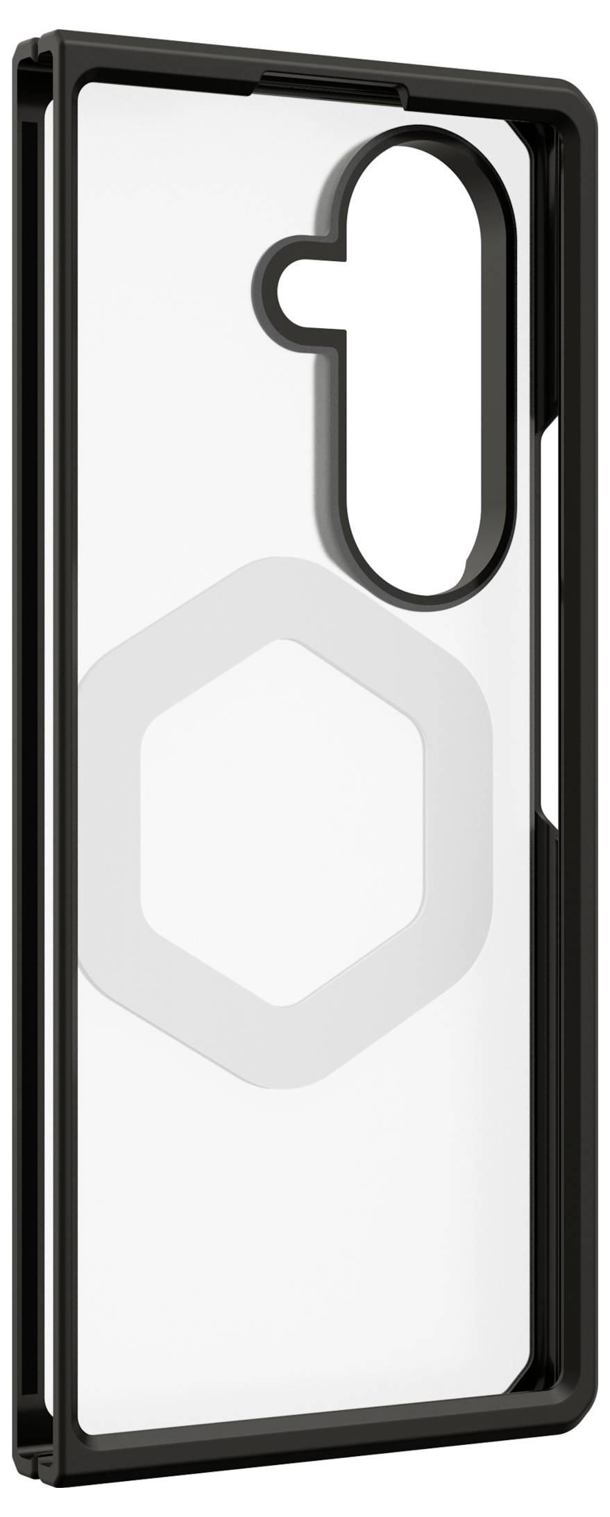 3D-weergave van een zwart smartphone-beschermhoesje met een groot verticaal camerauitsnijding en een doorschijnend achterpaneel met een zeshoekig accent.
