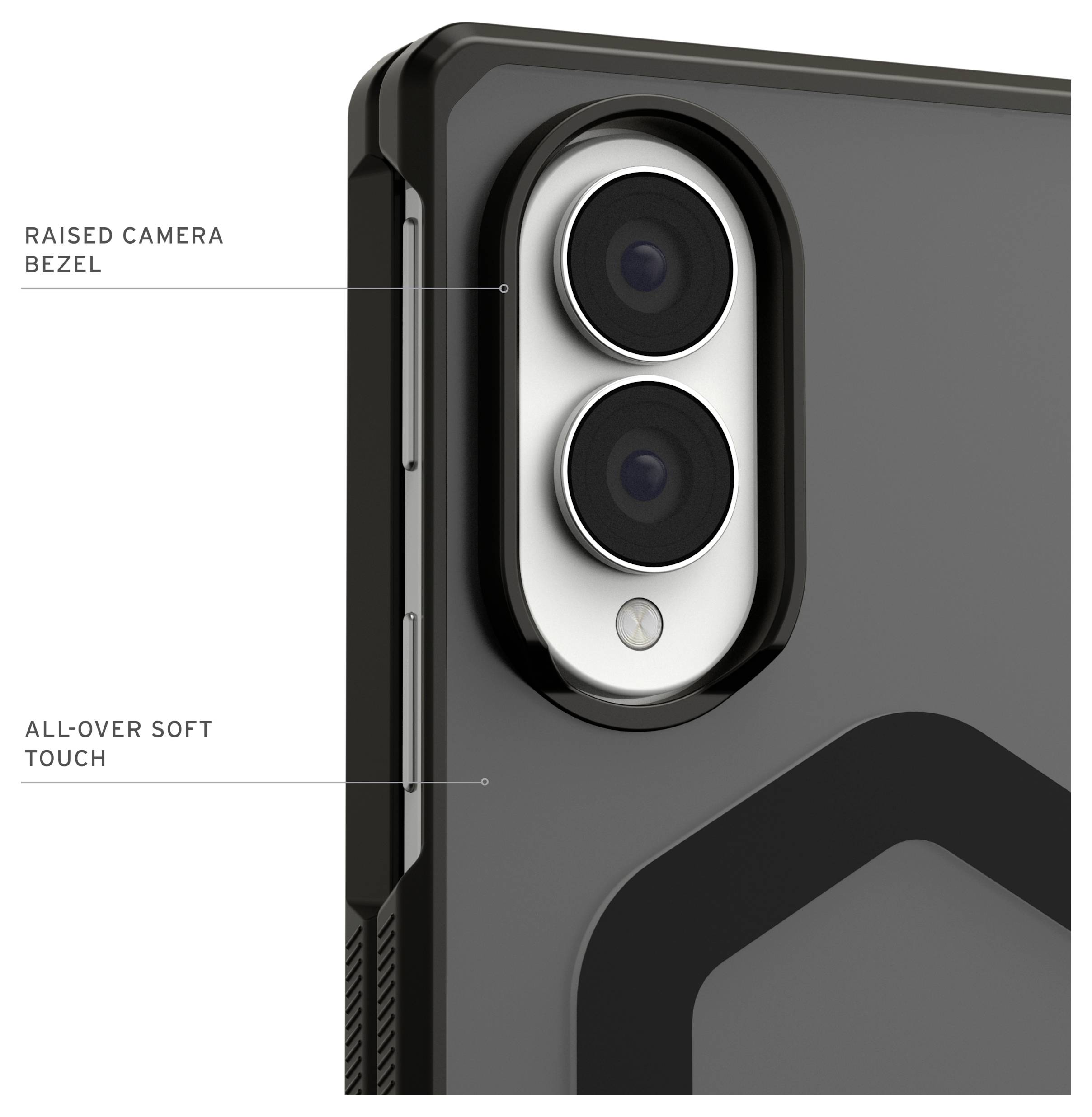Detailfoto van een telefoonhoesje met een verhoogde cameraranden en een uniforme soft-touch afwerking rond de uitsparing voor de dubbele lensopstelling.