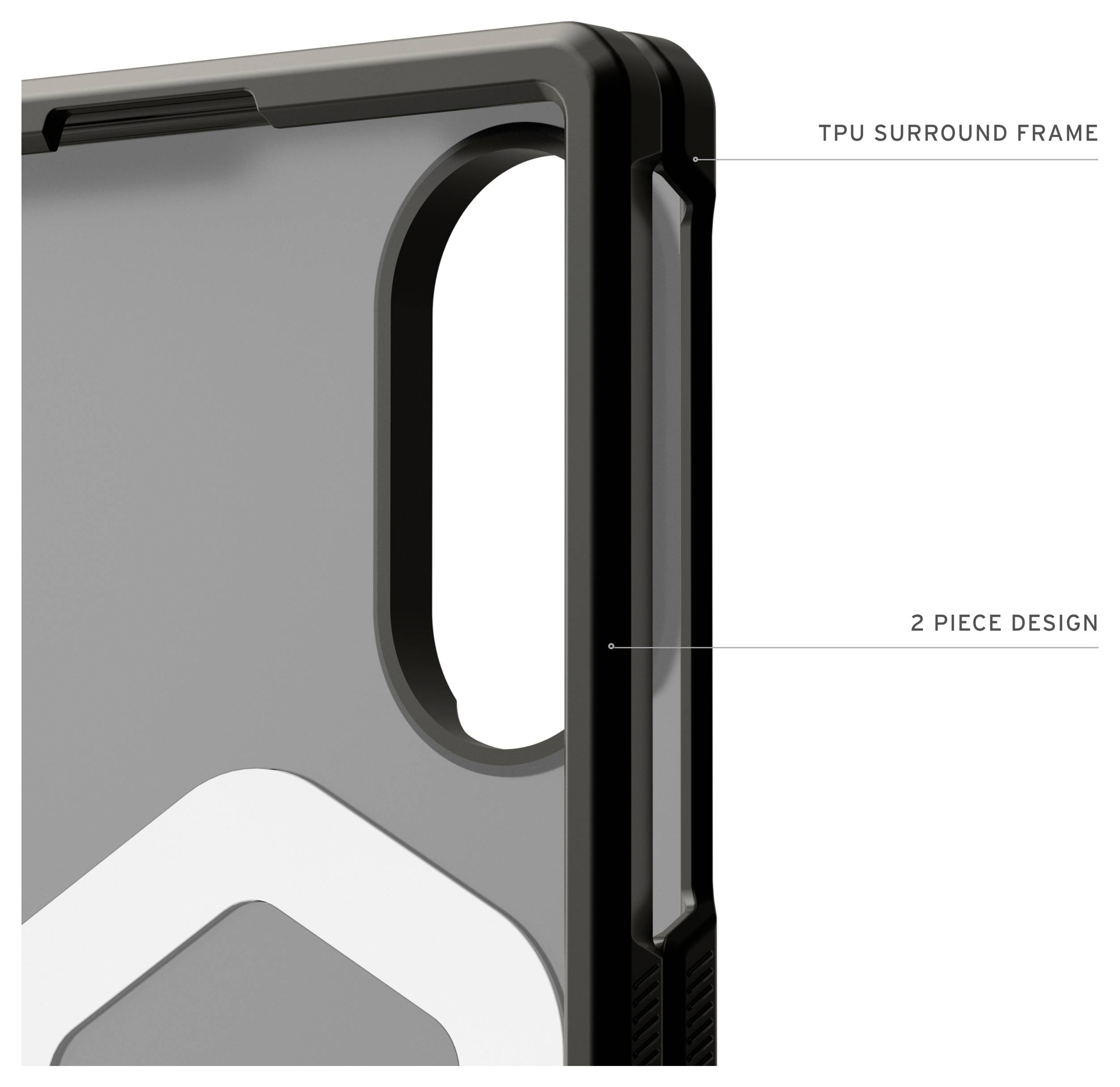 Nahaufnahme einer Telefonhülle-Ecke, die einen TPU-Umrahmungsrahmen und ein zweiteiliges Design mit großer Kameraaussparung zeigt.
