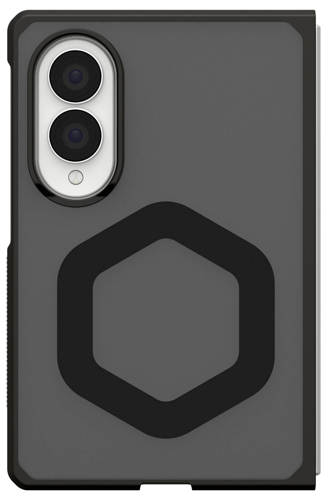 Achteraanzicht van een grijze smartphonehoesje met een dubbele camerasleuf en een groot zwart zeshoeklogo gecentreerd op de achterkant.