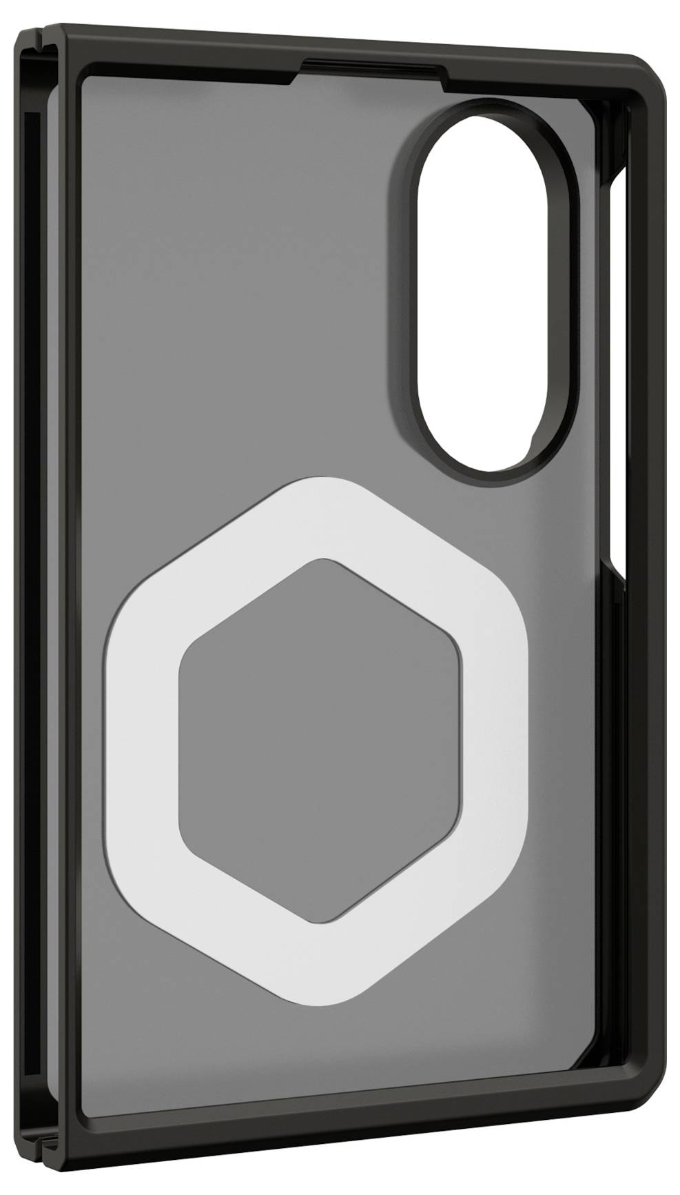 Grijze smartphonehoesje met zwarte bumper en een groot zeshoekig logo-uitsnijding, weergegeven vanuit frontaanzicht met cameropening.