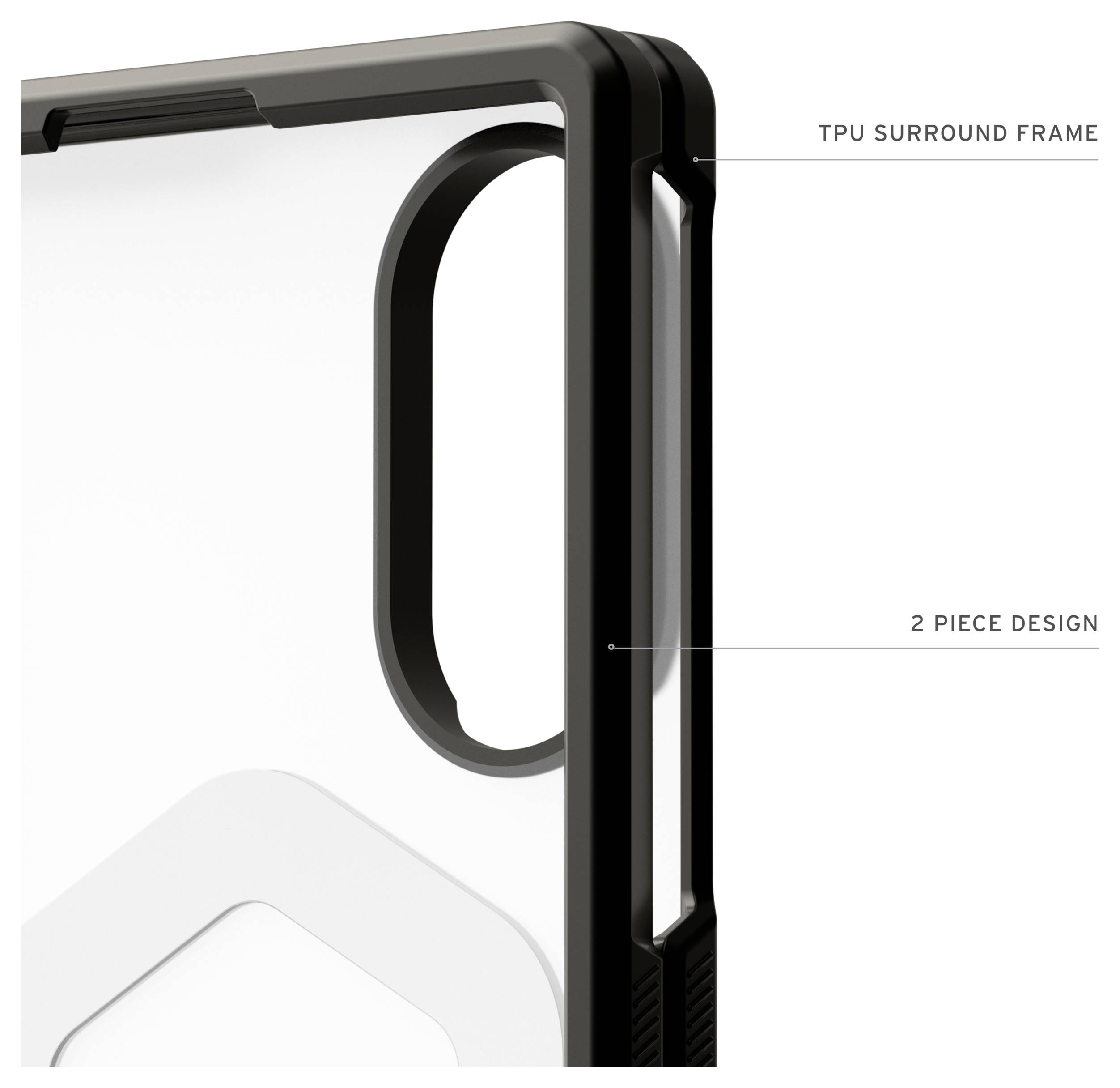 Close-up van een zwarte telefoonhoes met een TPU-rand en 2-delig ontwerp, met een groot ovaal uitsparing.