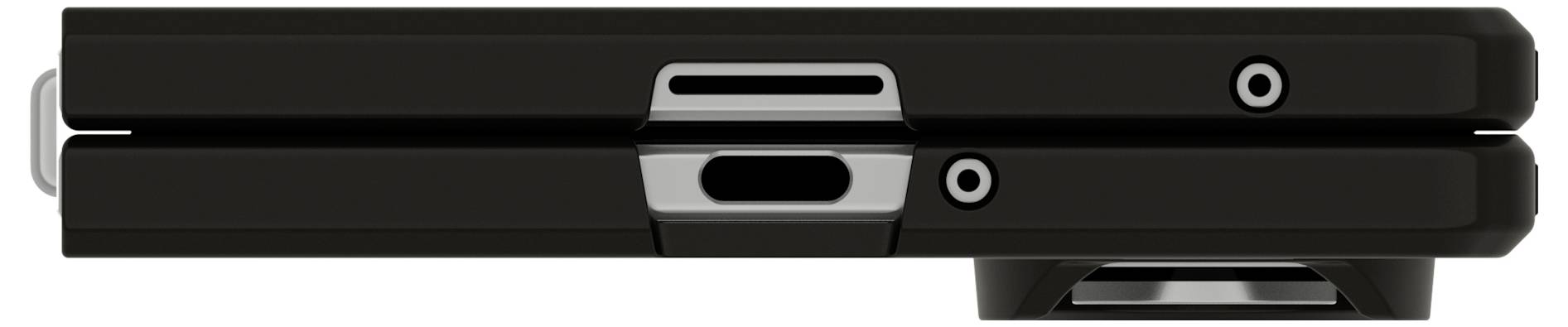 Zijkant van een zwart elektronisch apparaat met scharnier dat gesloten is, met een centraal slot en een kleine ronde knop of indicator aan de rechterkant.