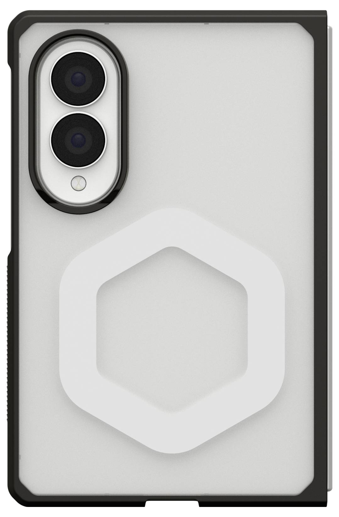 Witte smartphone beschermhoes met dubbele achteruitsnijding voor camera en verheven zeshoekig grippatroon op de achterkant.