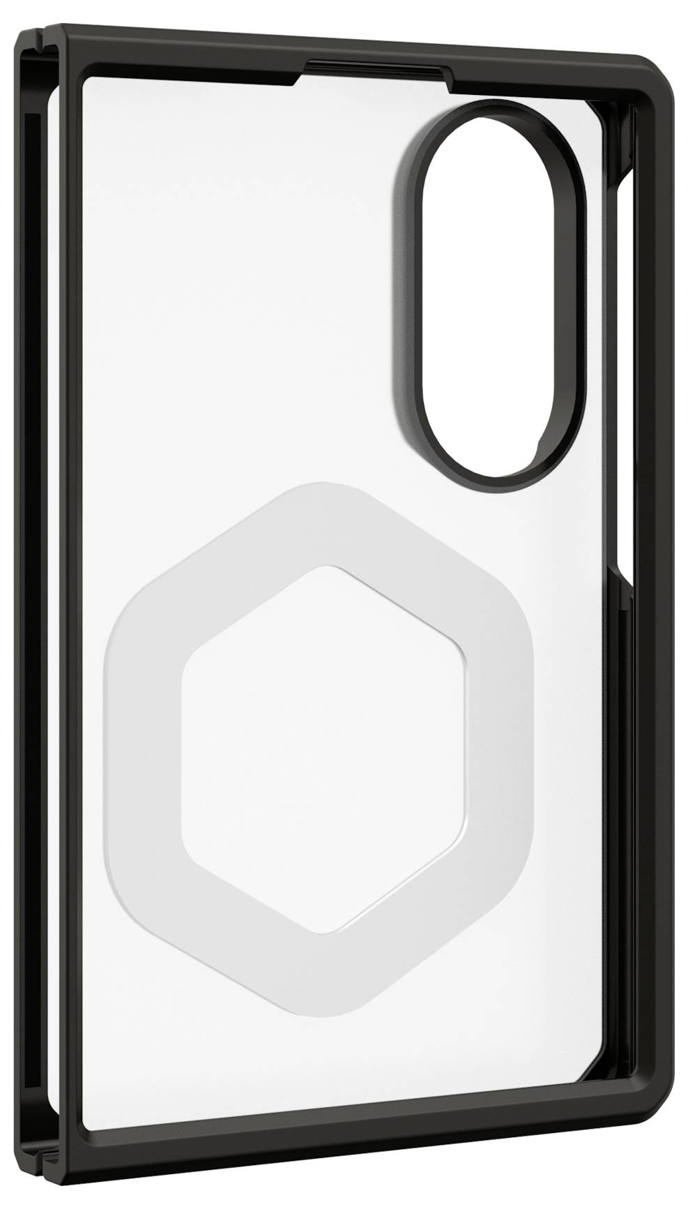 Zwart smartphonehoesje met doorzichtige achterkant en verhoogde cameraumsnijding, onder een hoek getoond op een witte achtergrond.