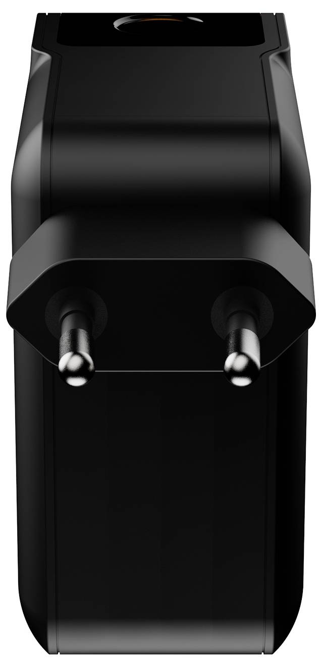 Zwarte twee-pens elektrische stekkeradapter van voren gezien, met afgerond rechthoekig lichaam en twee metalen pennen.
