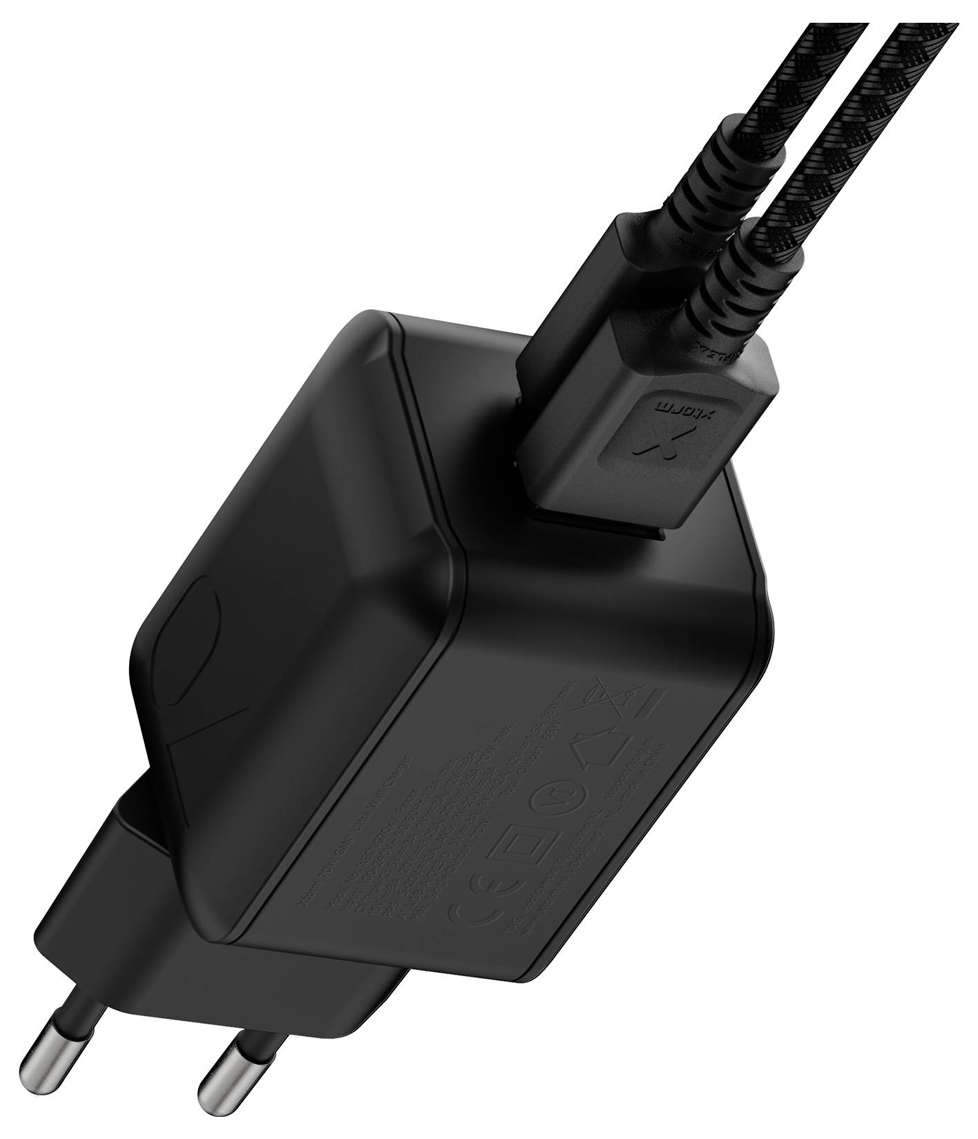 Zwarte wandoplader met twee verbonden gevlochten USB-kabels en Europese tweepolige stekker op een witte achtergrond.