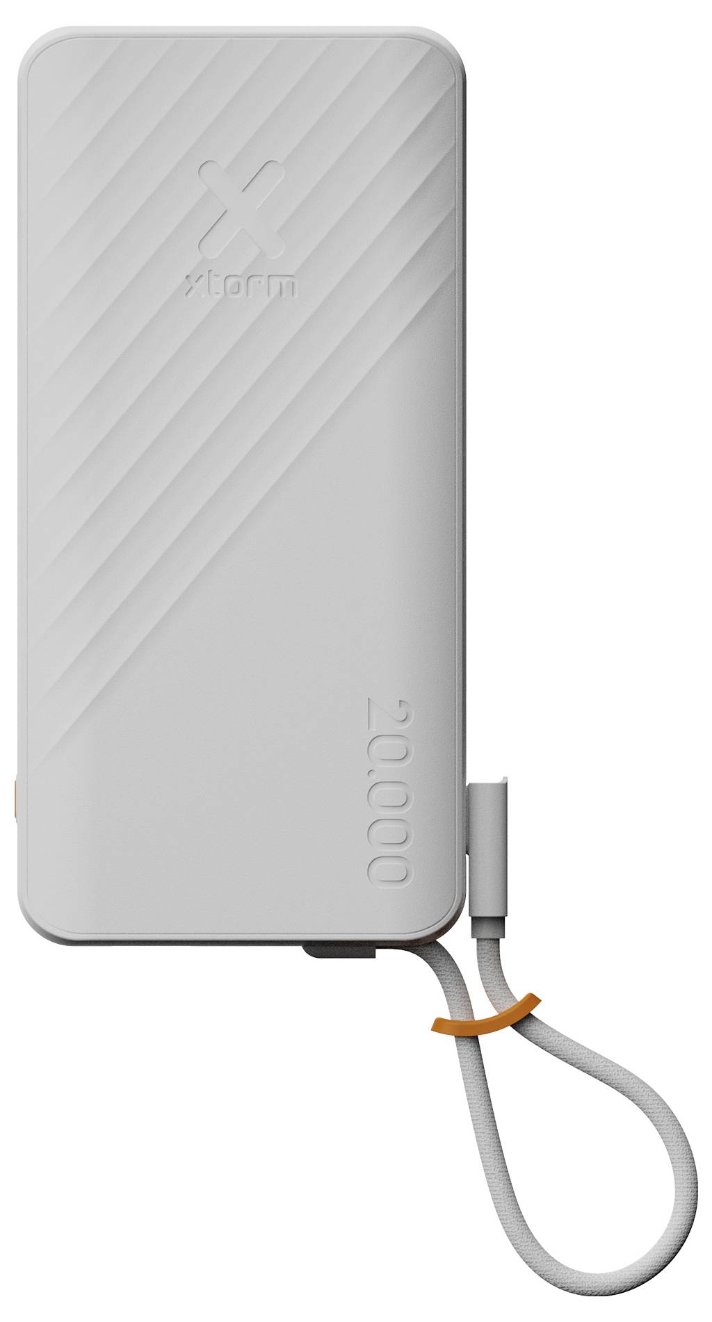Zilveren 20.000 mAh draagbare powerbank met ingebouwde luskabel voor opladen aan de rechterkant bevestigd.
