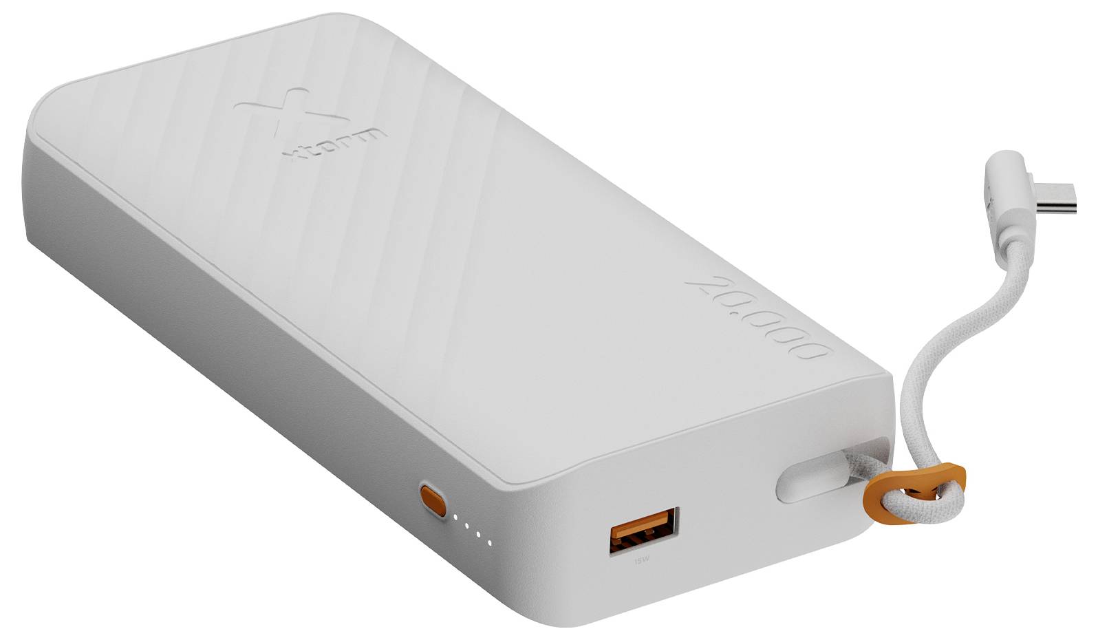 Draagbare witte powerbank met aangesloten USB-C-kabel, met USB-poort, laadstatusindicatorlampjes en zijknop.