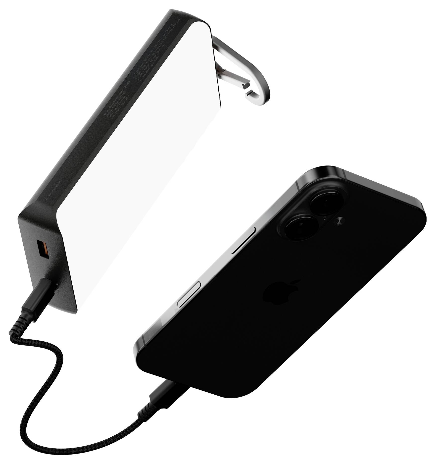 Zwarte draagbare powerbank met kabel die een zwarte smartphone oplaadt, weergegeven als verbonden apparaten op een witte achtergrond.