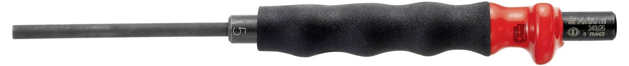 Een zwart-rode schroevendraaier met een lange metalen schacht en zwart handvat, horizontaal weergegeven op een witte achtergrond.