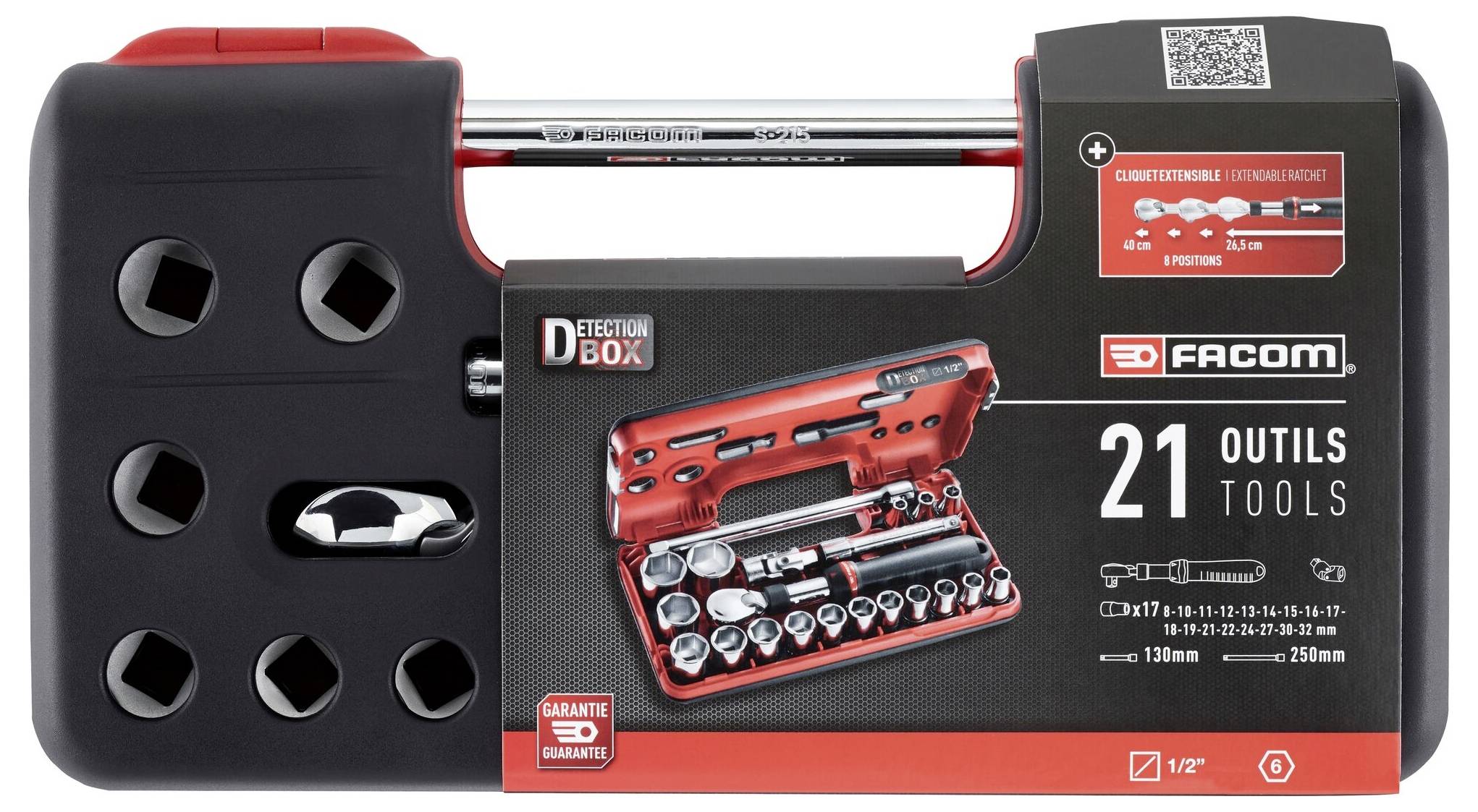 Facom 'Detection Box' gereedschapsset van 21-delig in een zwart-rode draagkist, met zichtbare doppen en ratels op de verpakking.