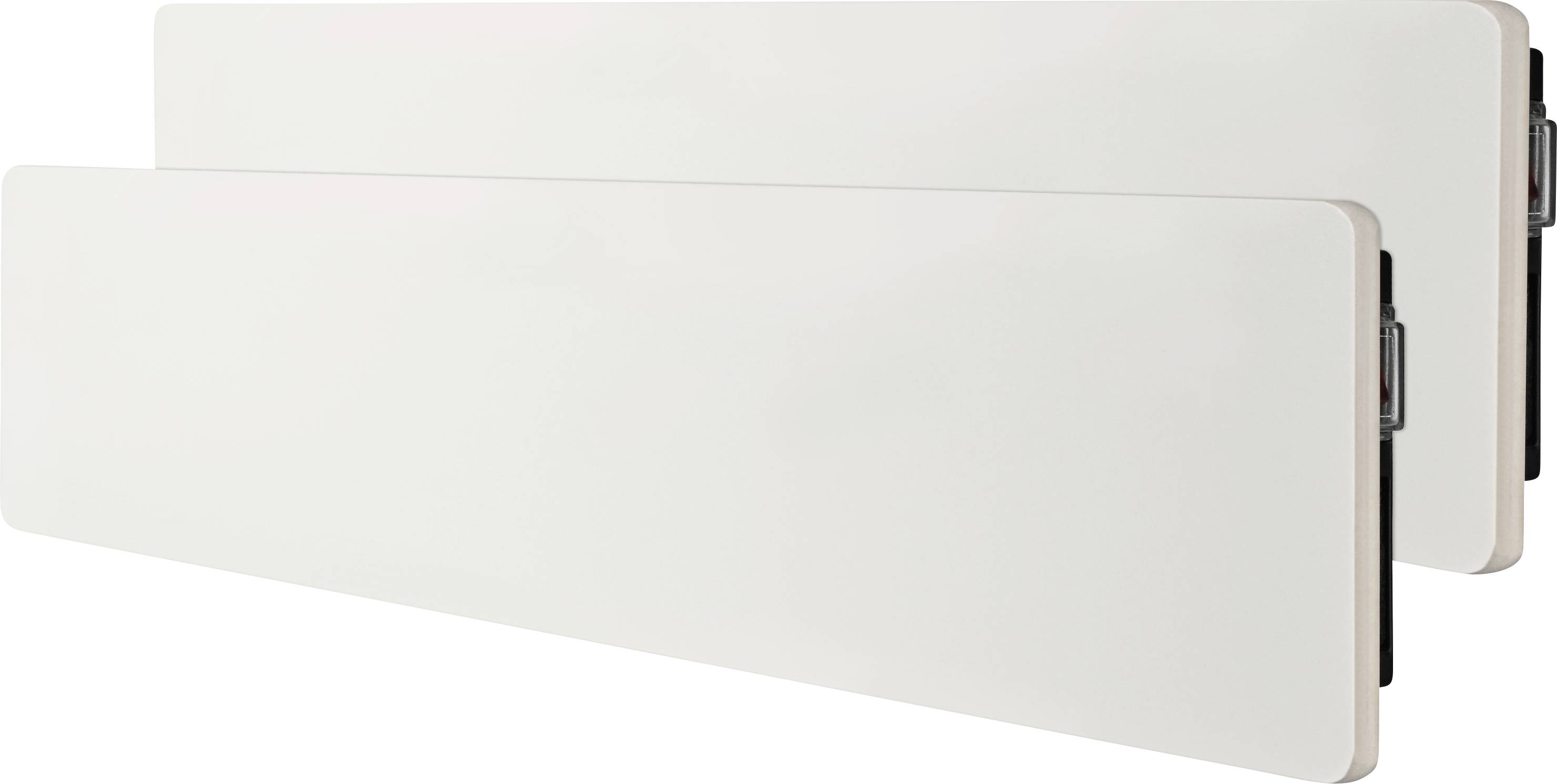 Twee blanco witte rechthoekige wandpanelen, één voor de ander, weergegeven in perspectief met zichtbare zijdelingse bevestigingshardware.