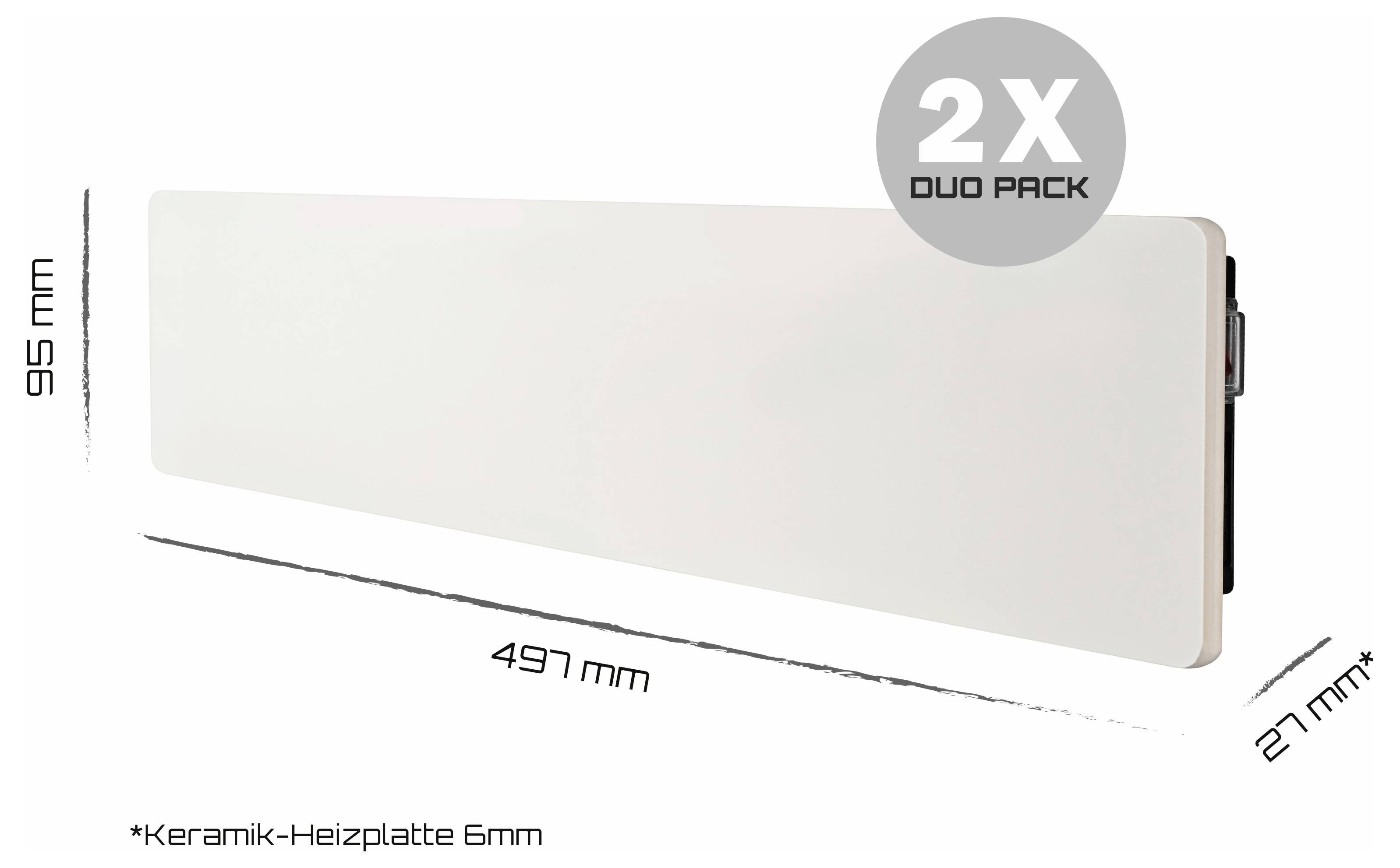 Witte rechthoekige keramische verwarmingsplaten getoond als een 2-pack, met afmetingen gelabeld 497 mm breed, 195 mm hoog, en 27 mm diep, plus 6 mm keramische plaatdikte.