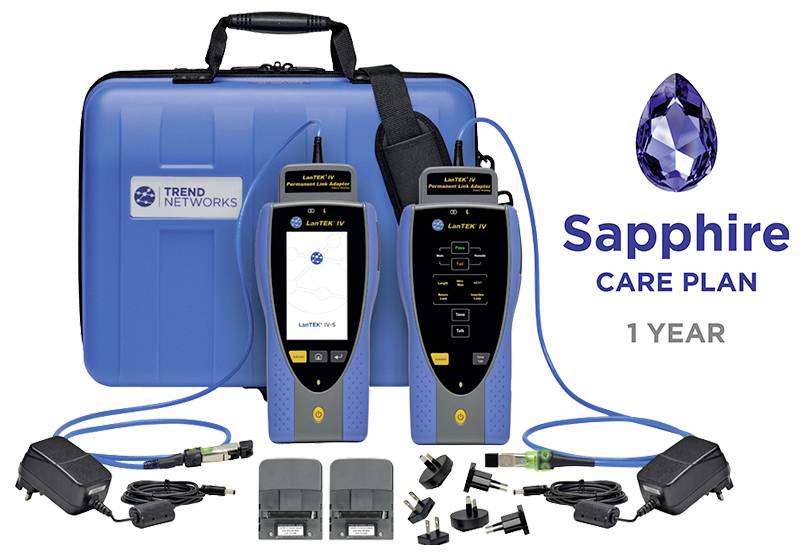 Trend Networks Sapphire Care Plan 1-jaarsplan voor LanTEK IV kabeltesters, weergegeven met draagtas, twee testers, adapters en accessoires.