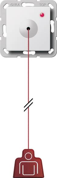 Een aan de wand gemonteerde trekkoorschakelaar met een rood koord dat naar beneden hangt naar een rood trekhandvat.