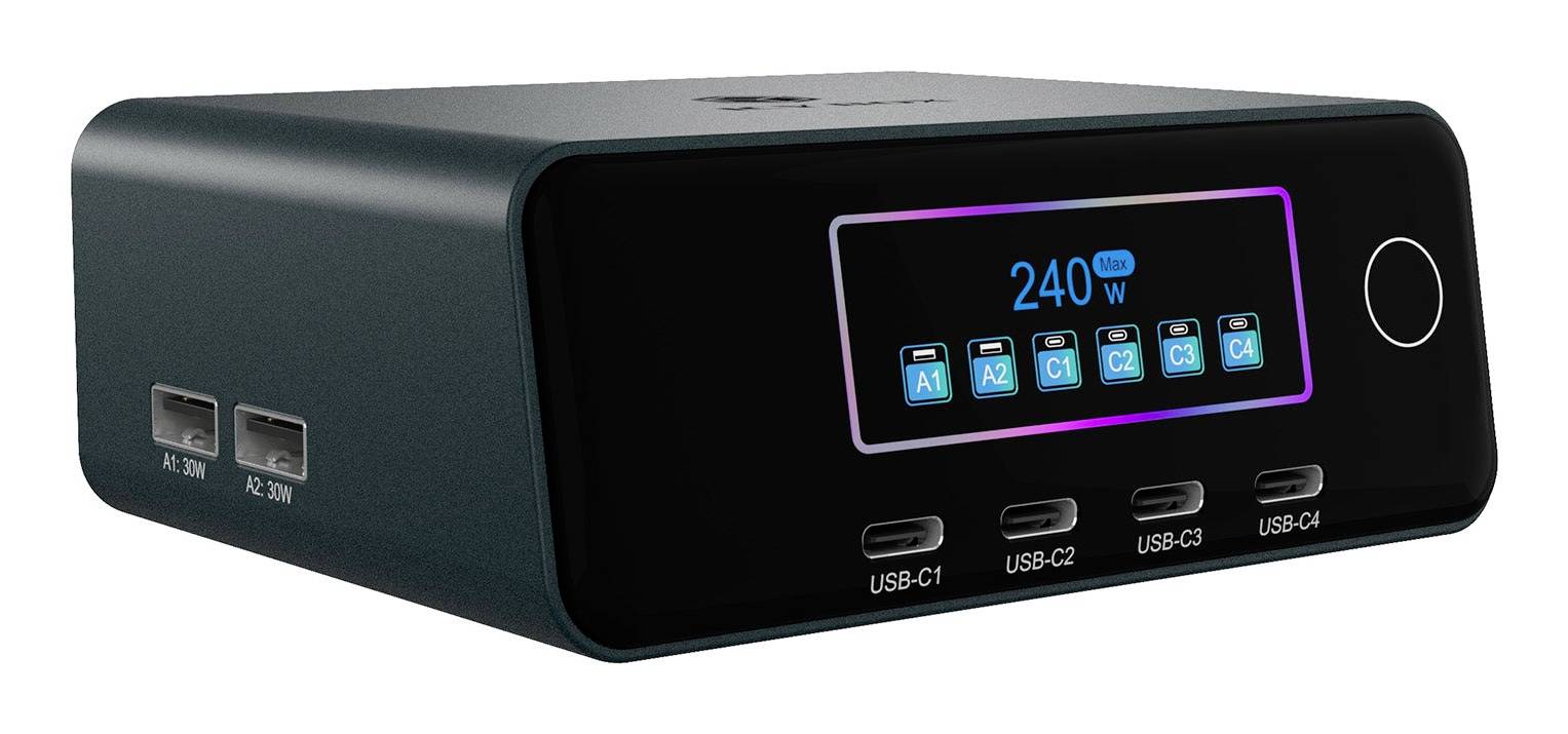 Zwart bureaulaadstation met digitaal display met '240W' en vier USB-A-poorten plus vier USB-C-poorten
