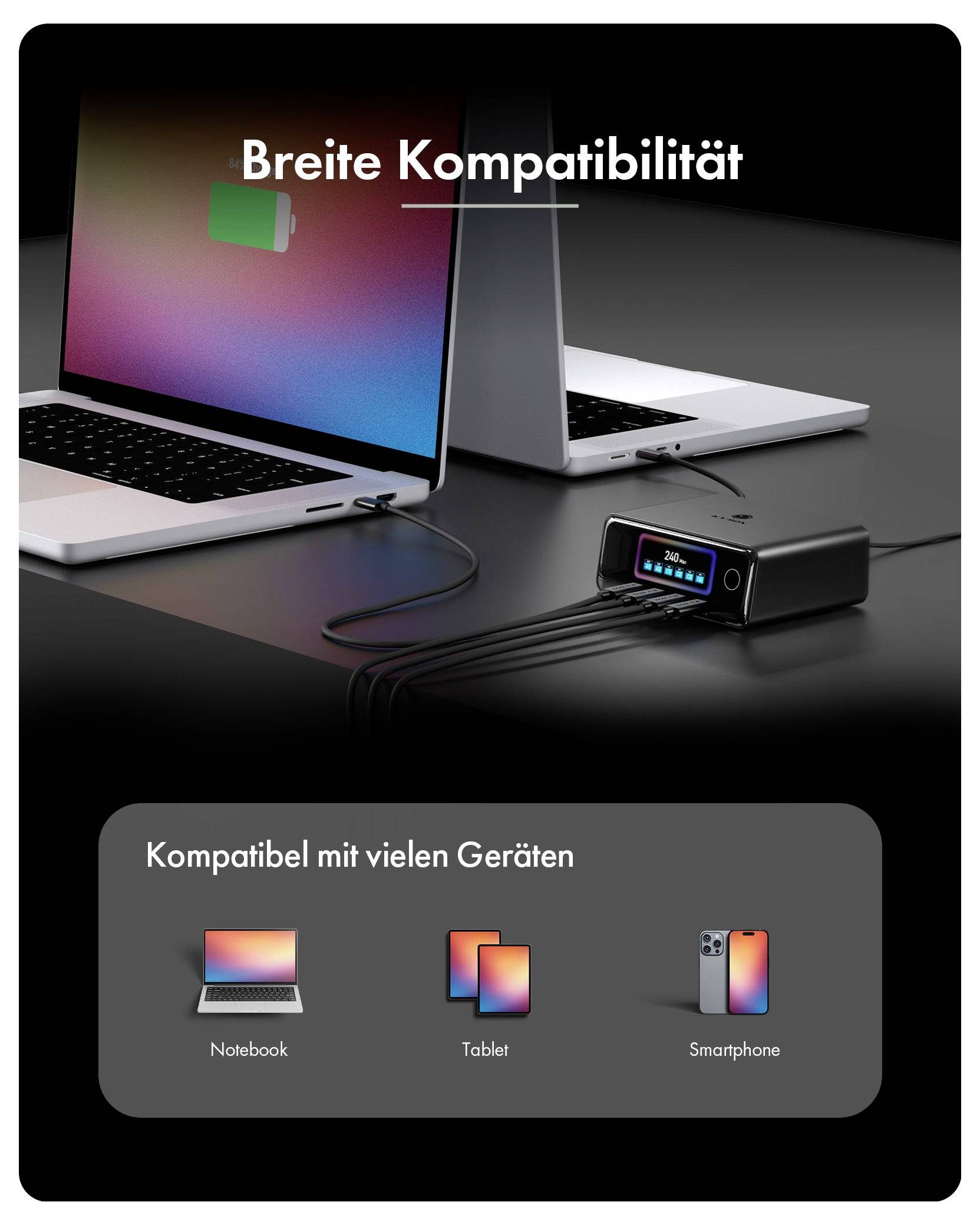 Promotioneaele afbeelding met een stromaggregaat verbonden met een laptop en een andere computer, met de tekst 'Brede compatibiliteit' en 'Compatibel met veel apparaten' plus pictogrammen voor notebook, tablet en smartphone.