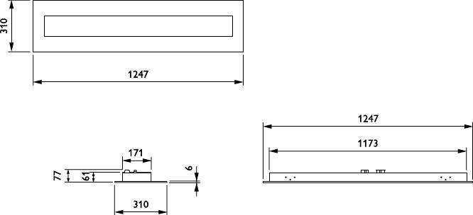 Technische tekening van een rechthoekig paneel, met vooraanzicht, zijaanzicht en bovenaanzicht met gelabelde afmetingen 1247, 310, 77, 171, 61, 6 en 1173.