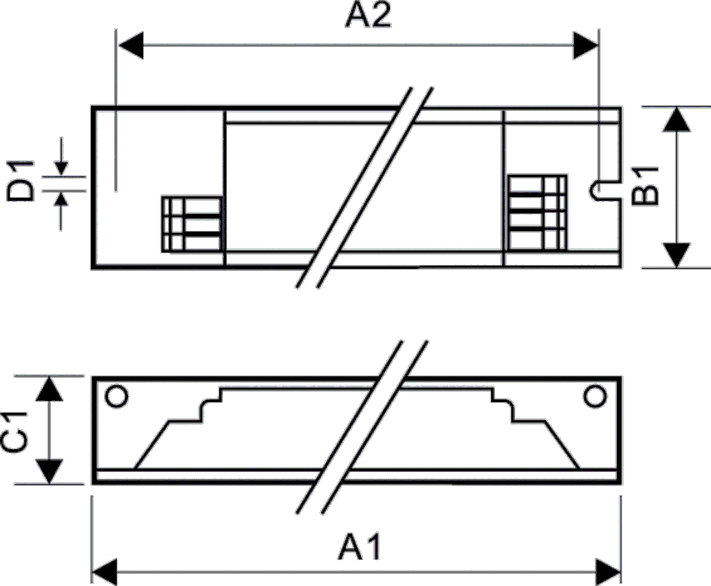 Technische tekening van een rechthoekig onderdeel weergegeven in twee aanzichten met dimensielabels A1, A2, B1, C1 en D1, die de totale lengte, breedte en hoogte aangeven.