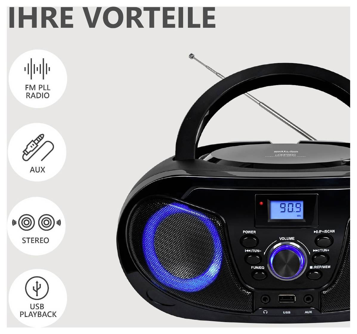 Draagbare zwarte boombox radio met blauwe verlichte spreker, digitaal display, antenne, draaggreep en pictogrammen voor FM PLL-radio, AUX, stereo en USB-afspelen.