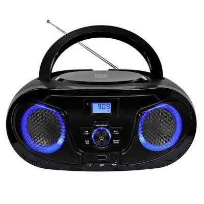 Draagbare zwarte boombox met handvat, blauwe LED-ring speakers, digitaal display met '90.9', en radiobedieningselementen aan de voorkant