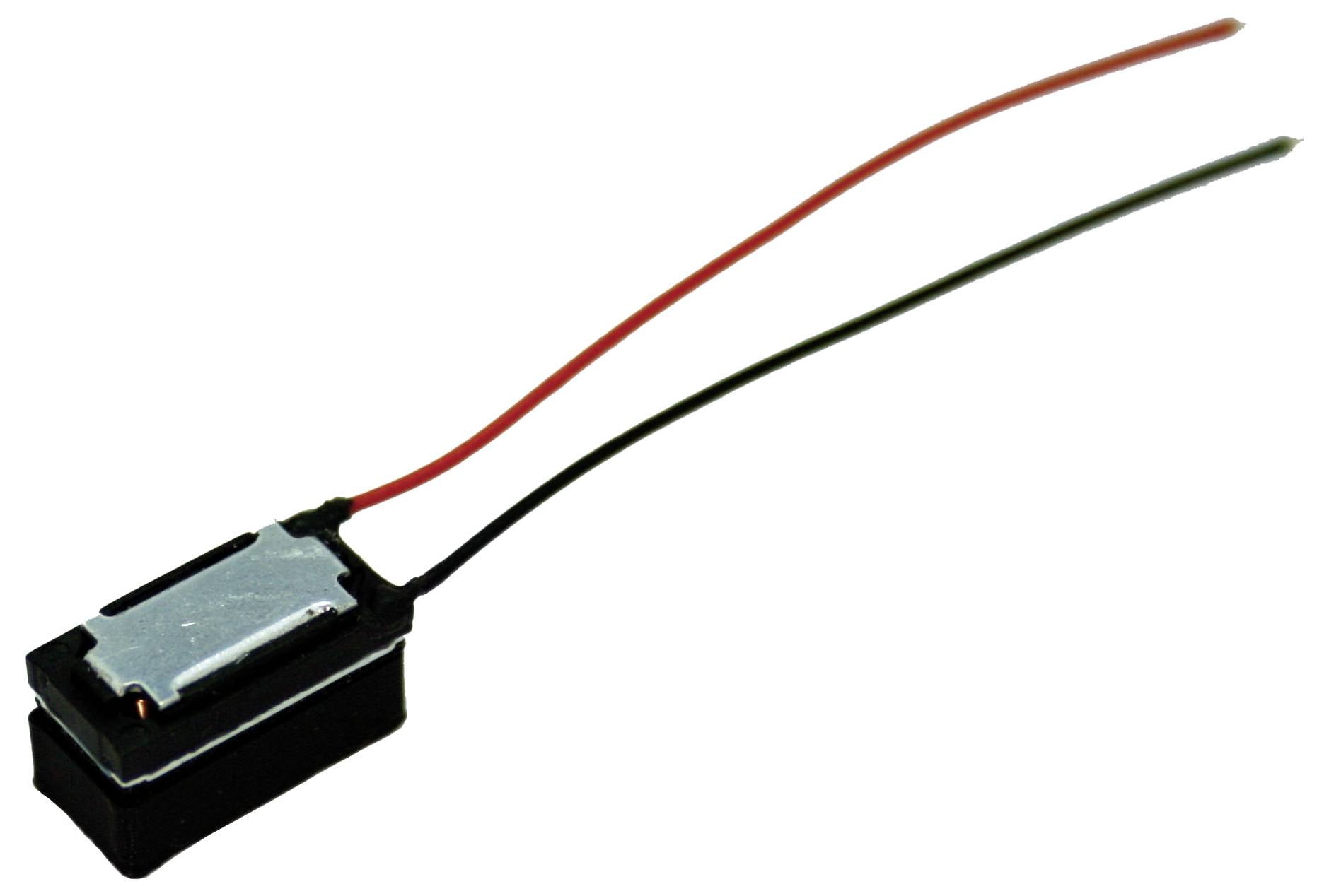 Klein zwart elektronisch onderdeel met twee dunne draden, één rood en één zwart, die ervan uitsteken op een witte achtergrond.