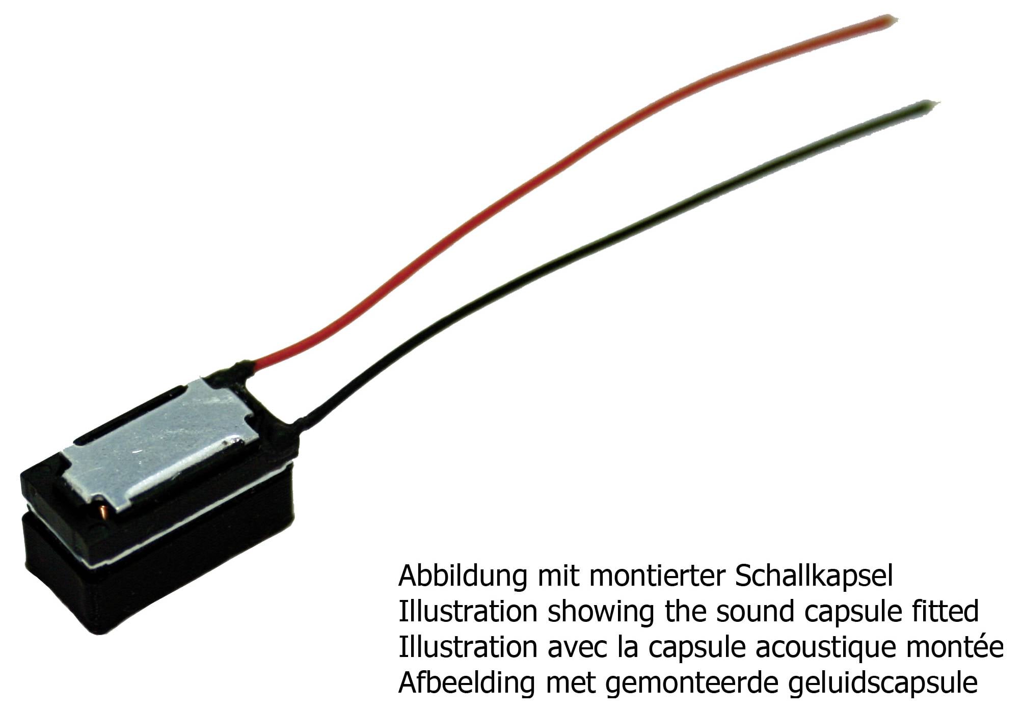 Kleine zwarte geluidscapsule met rode en zwarte draden eraan bevestigd, weergegeven als een productillustratie met meertalige onderschrift.