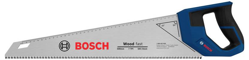 Bosch handmatig zaag met blauw handvat en rood BOSCH-logo, weergegeven in profielaanzicht.