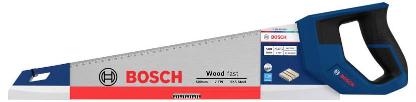 Bosch houtmachine met blauwe en witte handgreep, gelabeld voor snel houthakken.