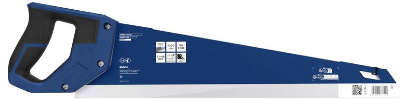 Blauw-en-zilveren handzaag met zwarte greep, weergegeven in zijaanzicht op een witte achtergrond, met productlabels en een streepjescode nabij het bladeinde.