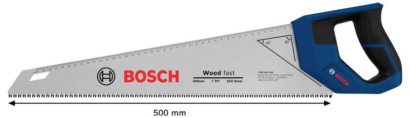 Bosch handvijl met blauw-zwart handvat, geëtiketteerd met 500 mm lengte, voor het zagen van hout en andere materialen.