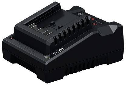 Zwarte batterij-laadplaats met een enkele batterijsleuf en statusaanwijzingslampjes